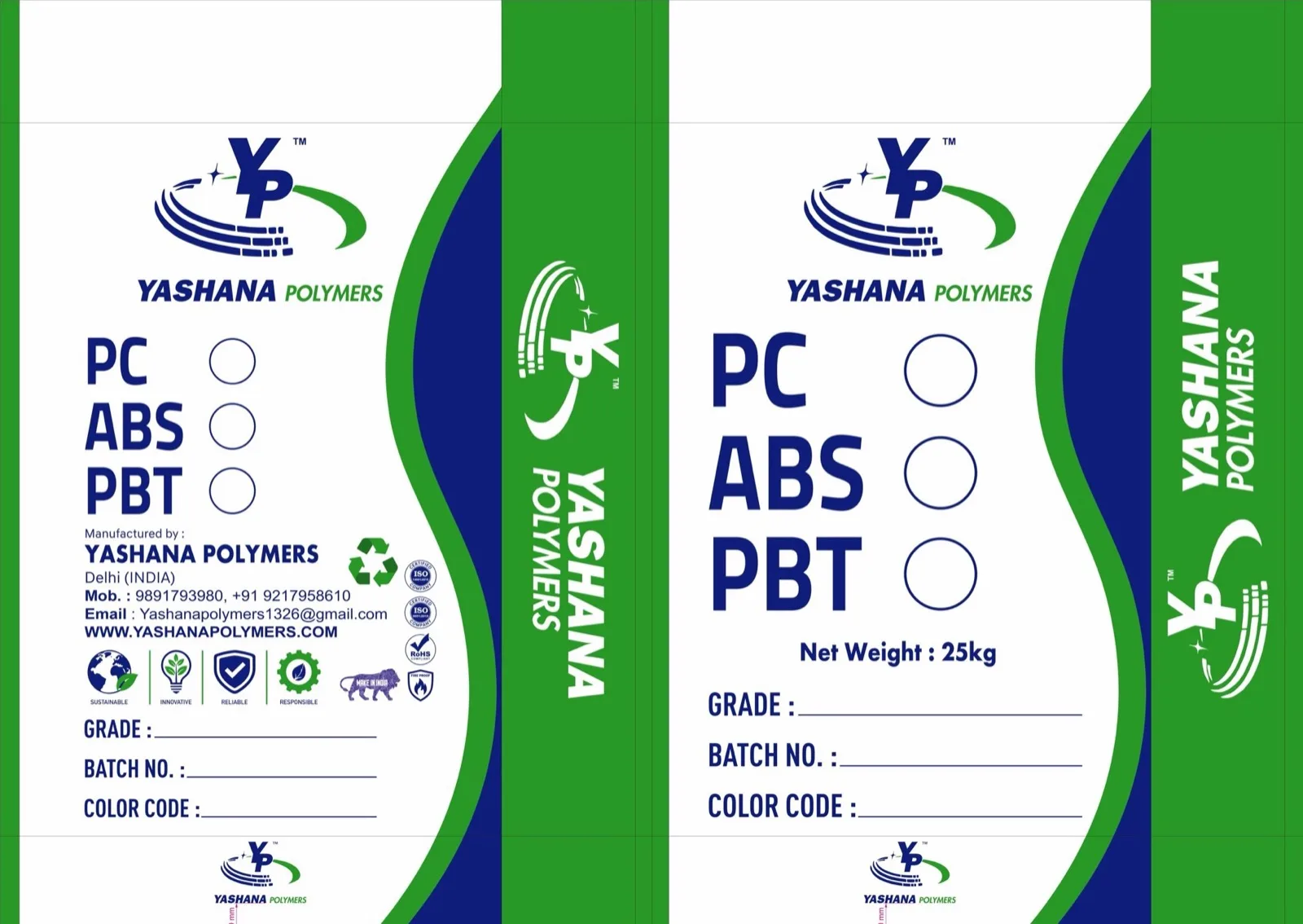 Yashana Polymers 25 kg packaging for PC, ABS and PBT granules
